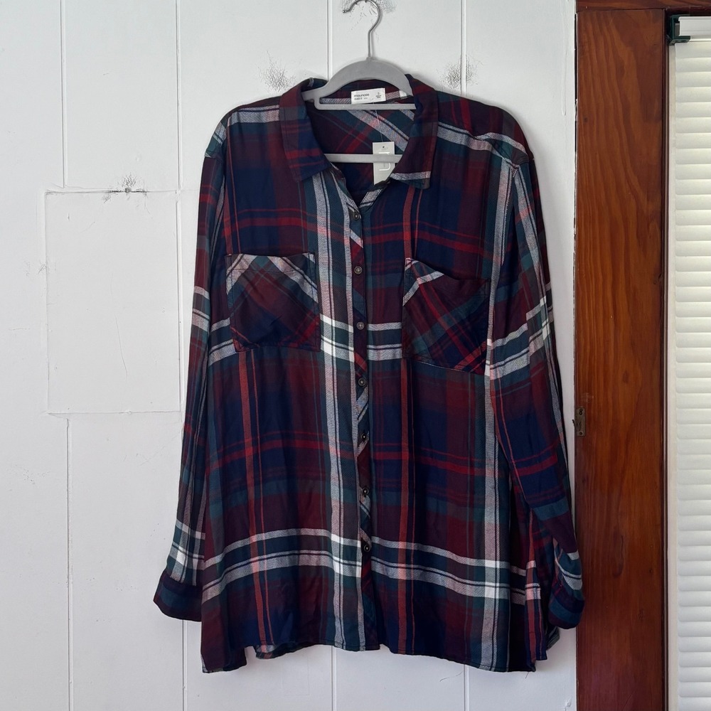 Maurices Plaid Relaxed Fit Tunic Shirt Burgundy Navy Women's Size 3X‎ NWT preppy